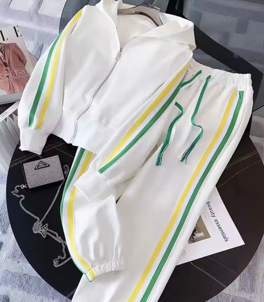Women Color Patchwork Striped Hooded Two Piece Tracksuit Pant Set