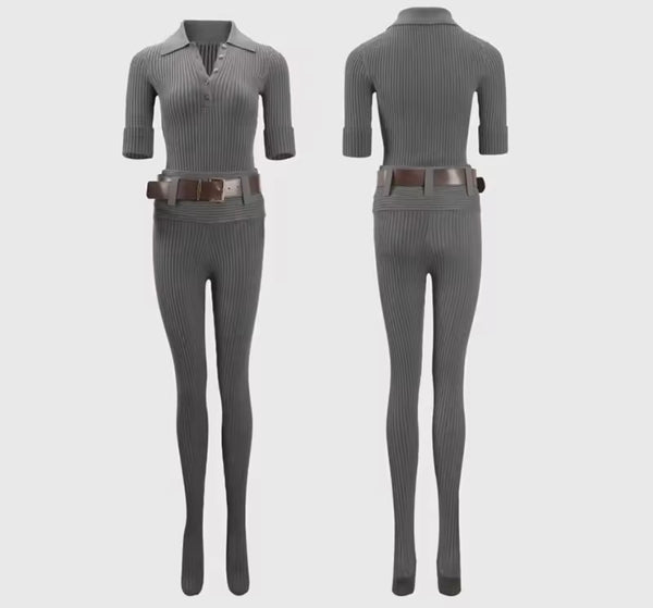 Women Ribbed Short Sleeve Bodysuit Two Piece Feet In Pant Set