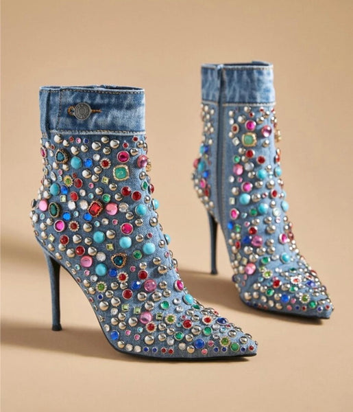 Women Colorful Gem Pointed Toe High Heel Denim Ankle Boots