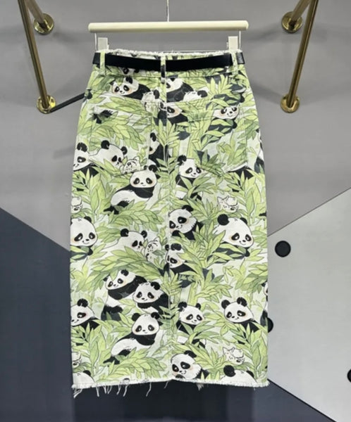 Women Fashion Panda Print Denim Long Skirt