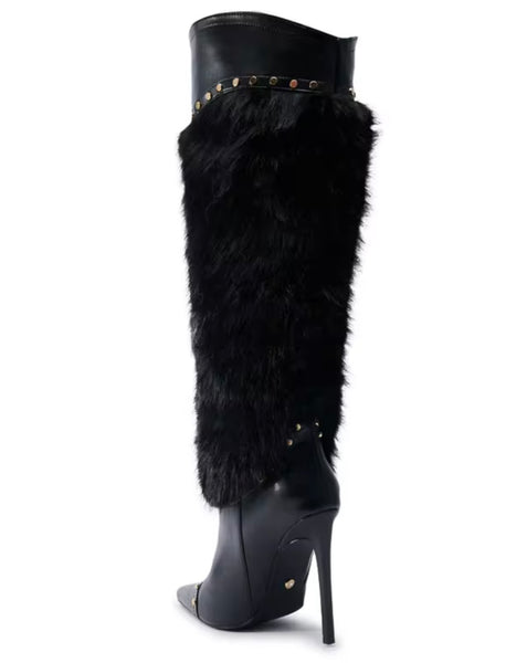 Women Black Fur Patchwork Rivet High Heel Knee High Boots