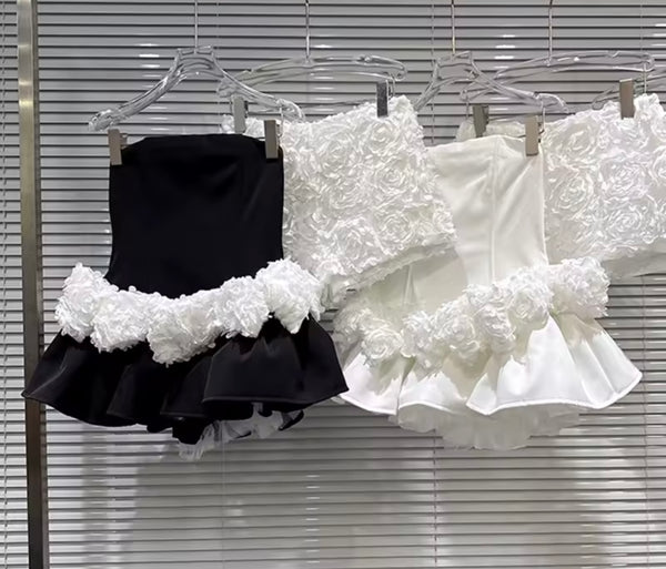 Women Sexy Strapless 3D Floral Shorts Two Piece  Dress Set