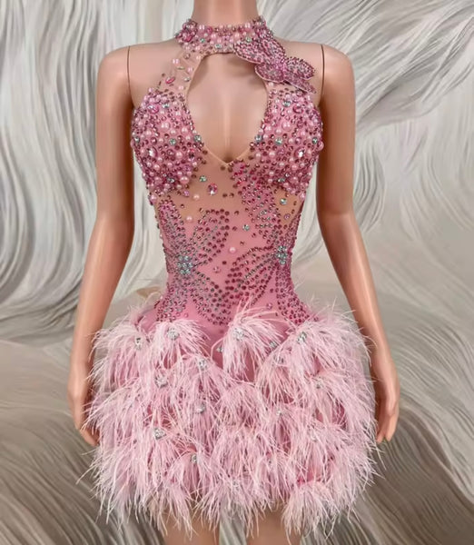 Women Sexy Pink Sleeveless Rhinestone Feather Dress