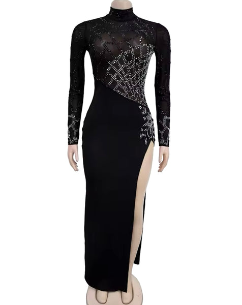 Women Sexy Full Sleeve Bling Side Split Maxi Dress