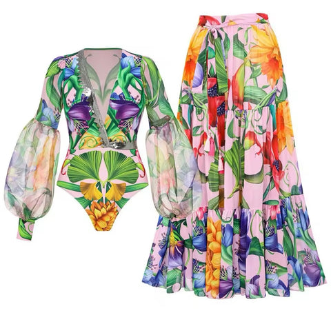 Women Sexy Multicolored Print Full Sleeve Swimsuit Cover Up Set