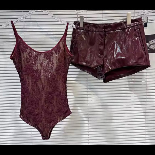 Women Burgundy Sleeveless Bodysuit Two Piece PU Short Set