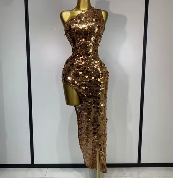 Women Sexy One Shoulder Gold Sequins Asymmetrical Dress