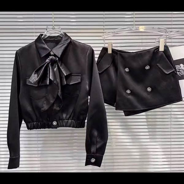 Women Black Fashion Bow Button Full Sleeve Two Piece Wrap Short Set