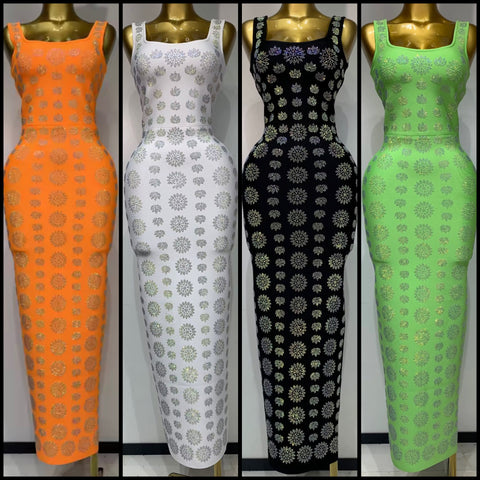 Women Color Bling Rhinestone Sleeveless Sexy Maxi Dress