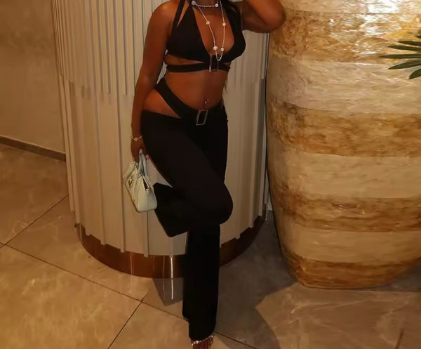 Women Black Halter Sleeveless Sexy Cut Out Two Piece Pant Set