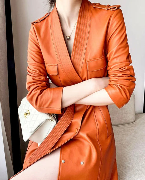 Women Fashion Color Faux Leather Belted Trench Jacket