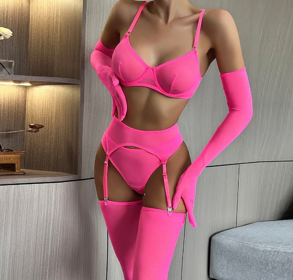 Women Sexy Mesh Glove Stockings Lingerie Set