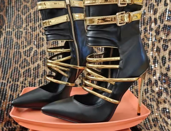 Women Black Faux Leather Gold Buckled High Heel Ankle Boots