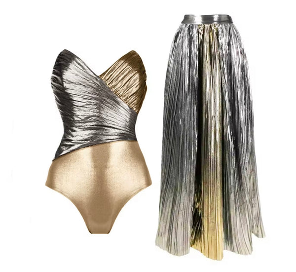 Women Sexy Strapless Metallic Swimsuit Pleated Cover Up Set