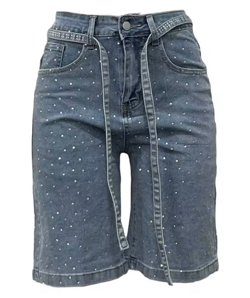 Women Fashion Faux Leather Halter Two Piece Bling Denim Short Set