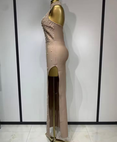 Women Sexy Sleeveless Pearl Side Split Maxi Dress