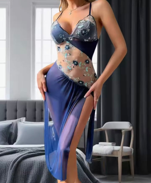 Women Sexy Sleeveless Floral Mesh Side Split Nightgown Lingerie