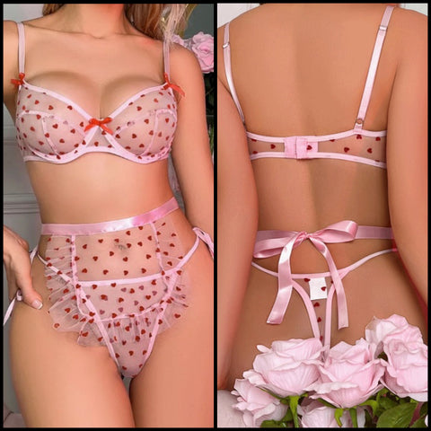 Women Sexy Pink Heart Print Mesh Lingerie Set