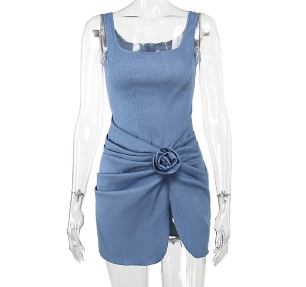 Women Sexy Sleeveless Ruched Rose Denim Dress