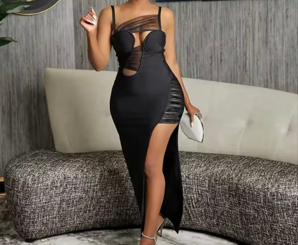 Women Sexy Sleeveless Black Mesh Cut Out Maxi Dress