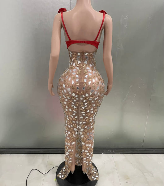 Women Sexy Sleeveless Red Mirror Rhinestone Maxi Dress