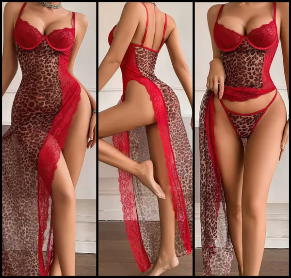 Women Sexy Red Lace Leopard Mesh Nightgown Set