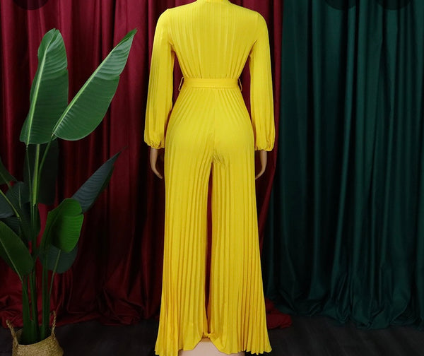 Women Sexy V-Neck Full Sleeve Belted Pleated Jumpsuit