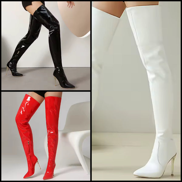 Women Fashion Patent Leather Thigh Length High Heel Boots
