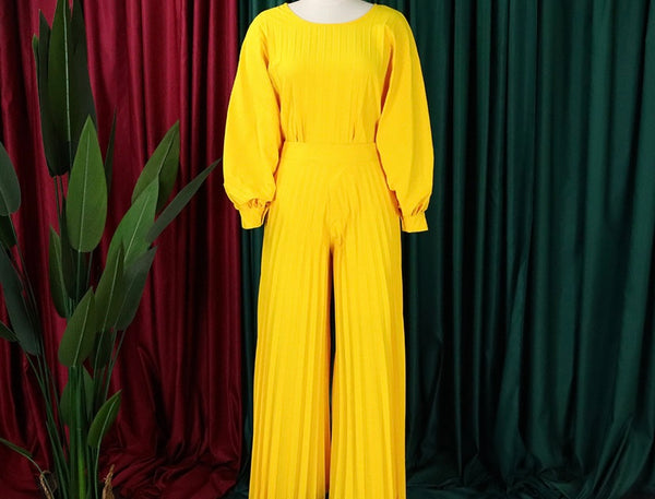 Women Fashion Full Sleeve Solid Color Two Piece Pleated Pant Set