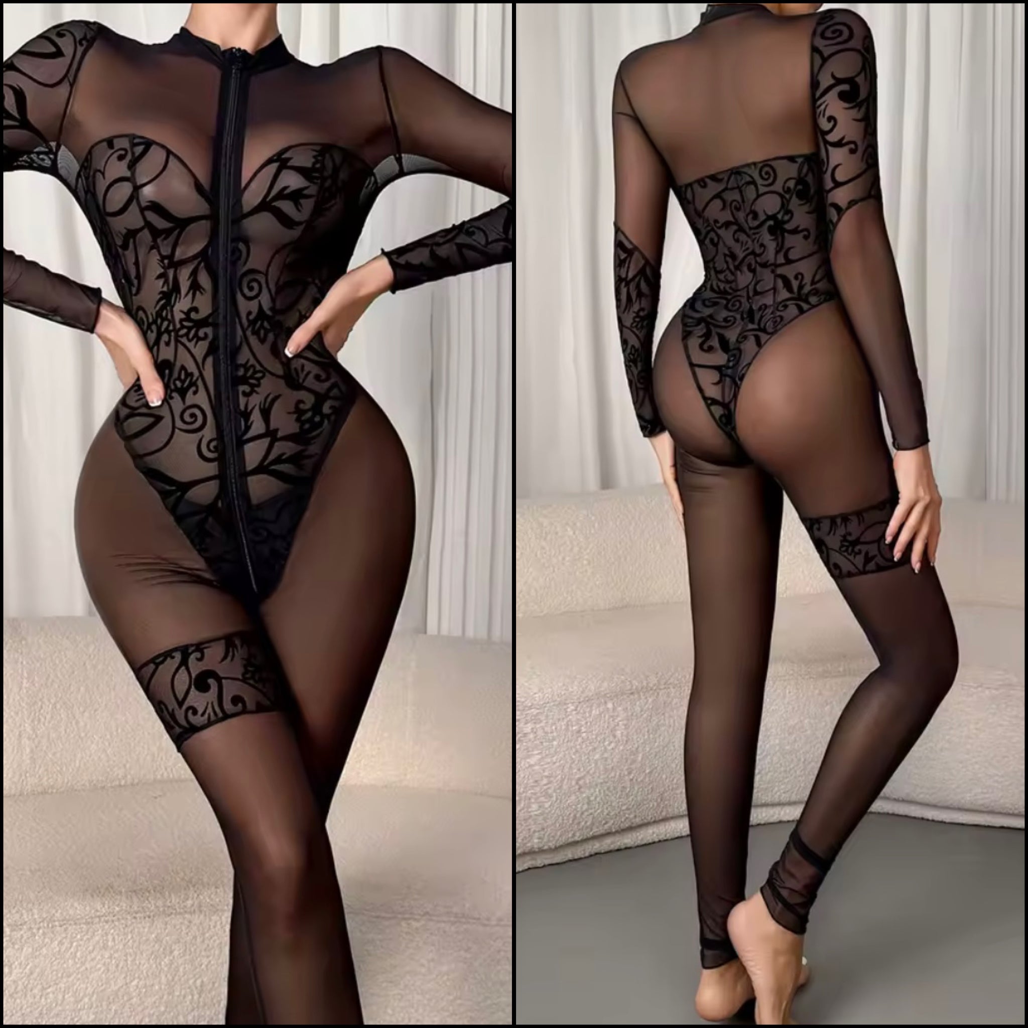 Women Sexy Black Printed Mesh Full Sleeve Lingerie