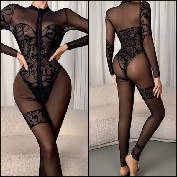 Women Sexy Black Printed Mesh Full Sleeve Lingerie