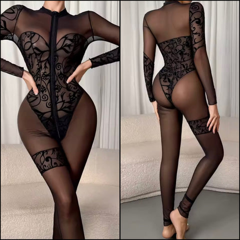 Women Sexy Black Printed Mesh Full Sleeve Lingerie