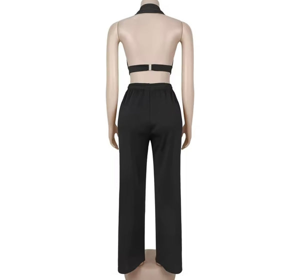 Women Fashion Halter Sleeveless Metal Ring Two Piece Pant Set