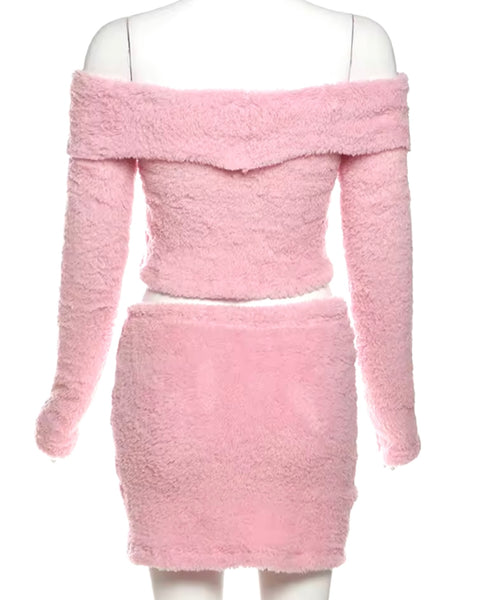 Women Sexy Solid Color Furry Off The Shoulder Two Piece Skirt Set