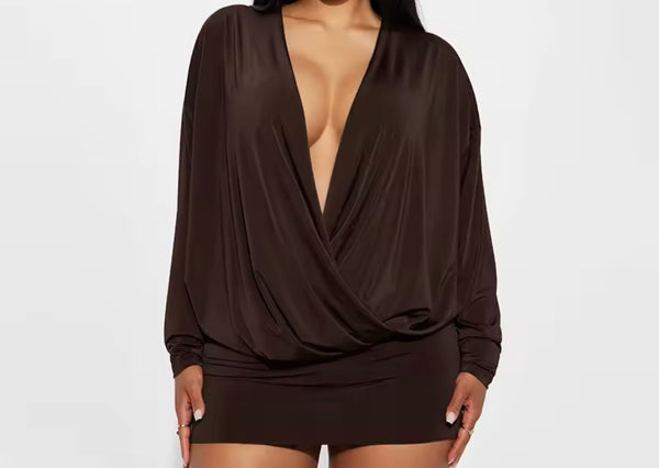 Women Sexy Draped V-Neck Full Sleeve Dress