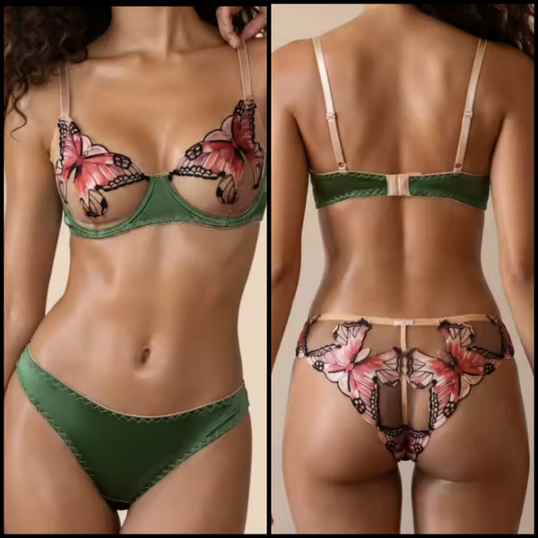 Women Sexy Green Butterfly Lingerie Set