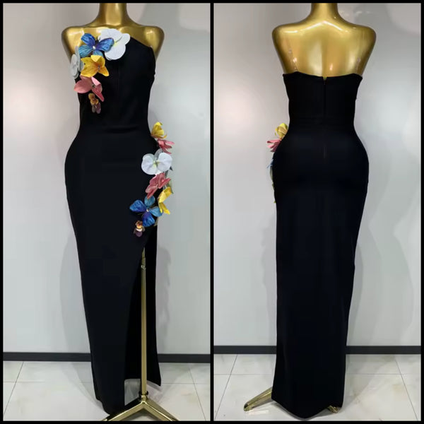 Women Sexy Strapless Black Floral Side Split Maxi Dress
