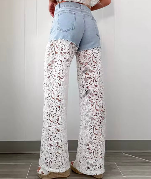 Women Fashion Denim Lace Patchwork Two Piece Pant Set