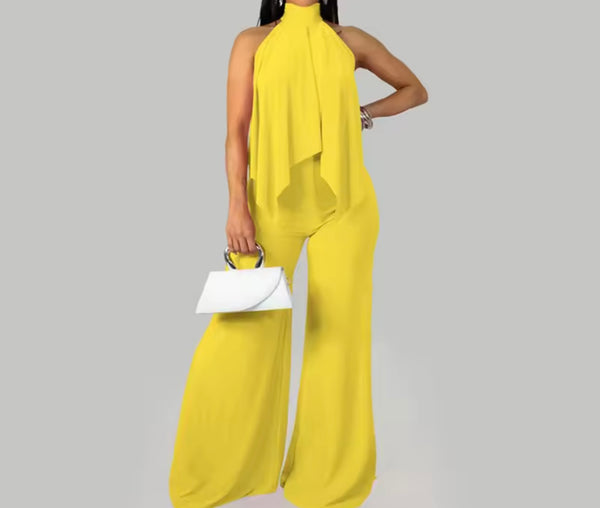 Women Halter Sleeveless Asymmetrical Top Two Piece Pant Set