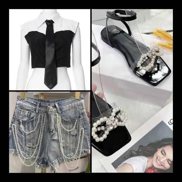 Women Fashion Sleeveless B&W Tie Crop Top