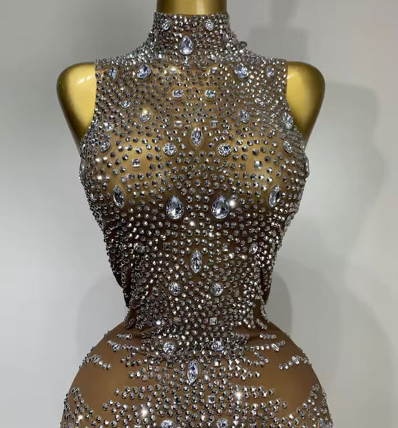 Women Sleeveless Rhinestone Crystal Mesh Sexy Jumpsuit