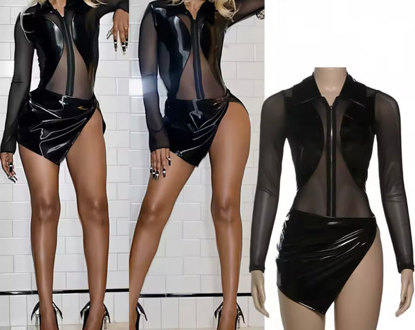 Women Sexy Black PU Mesh Zip Up Bodysuit Two Piece Skirt Set