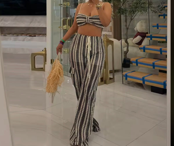 Women Sexy Sleeveless Knitted Striped Two Piece Pant Set