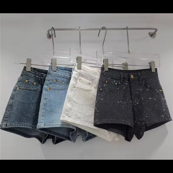 Women Fashion High Waist Bling Rhinestone Denim Shorts