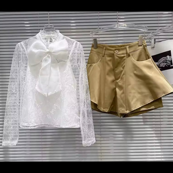 Women Tie Up Lace Full Sleeve Two Piece Khaki Wrap Short Set