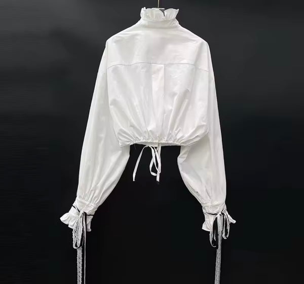 Women White Ruffle Button Up Two Piece Black Short Set