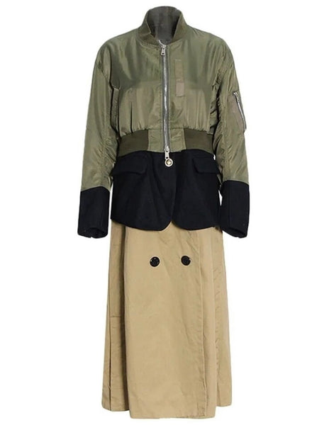 Women Fashion Color Patchwork Zip Up Trench Jacket