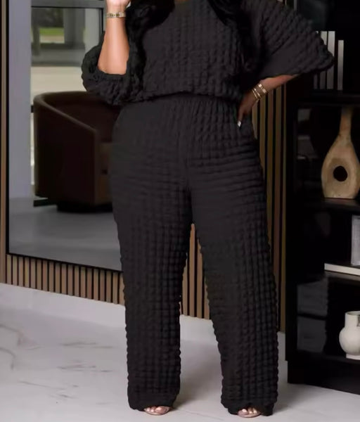 Women Fashion Solid Color Full Sleeve Plus Size Two Piece Pant Set