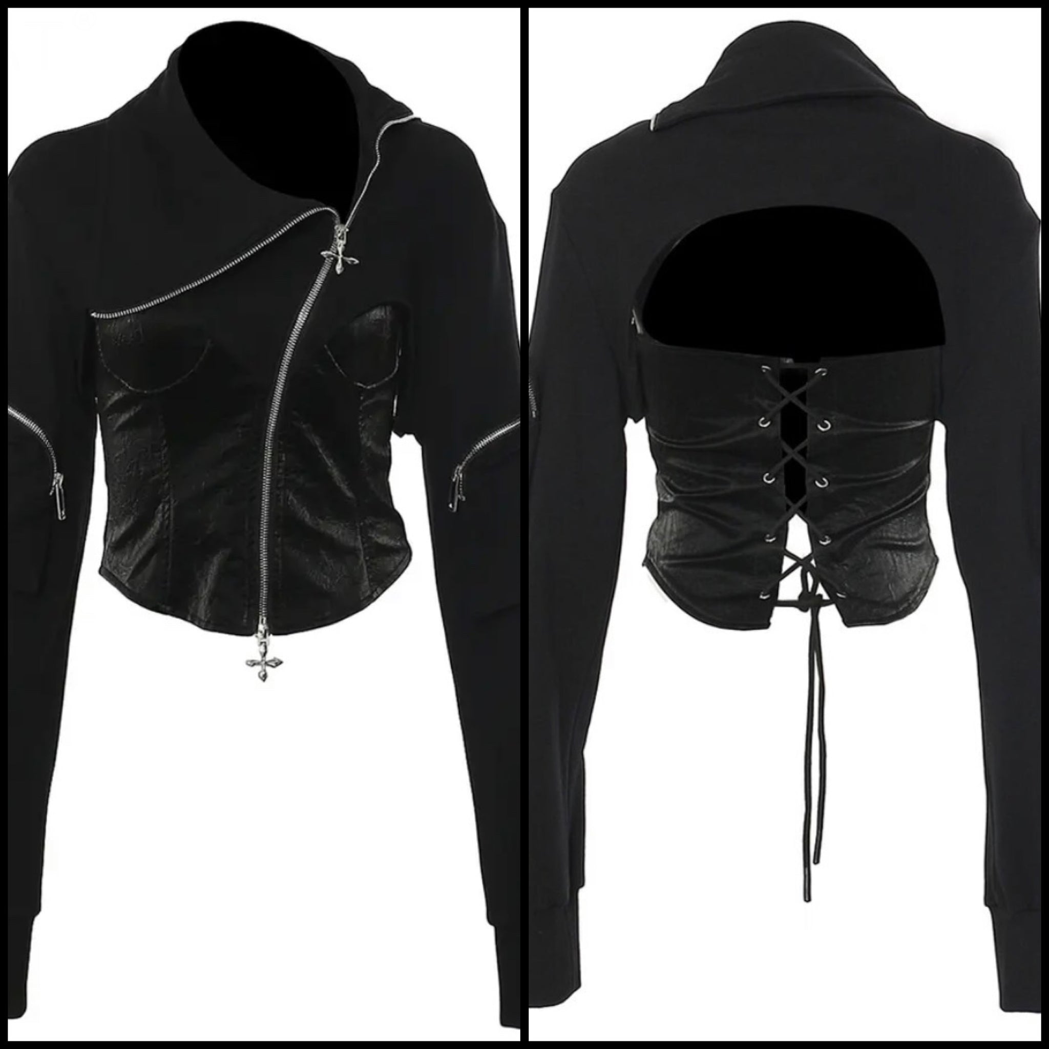 Women Fashion Black Zipper Back Lace Up Jacket