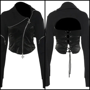Women Fashion Black Zipper Back Lace Up Jacket